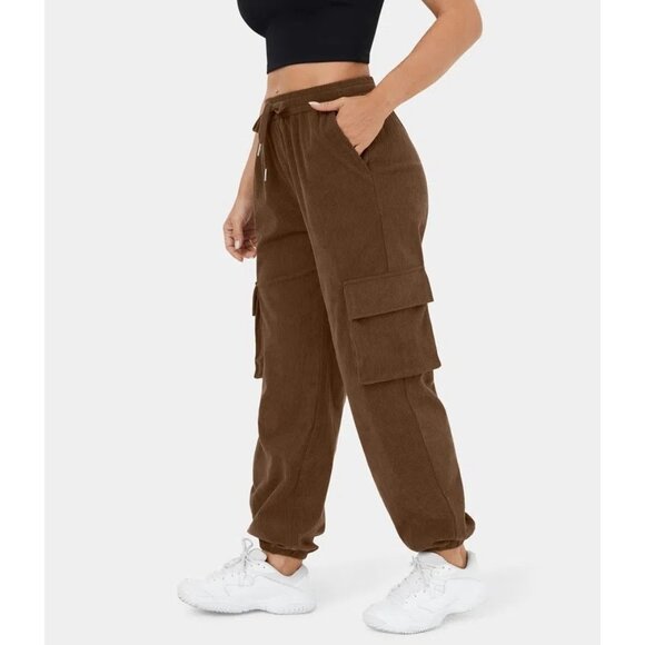 Halara Mid Rise Drawstring Side Pocket Corduroy Casual Cargo Joggers Brown S - Picture 1 of 5